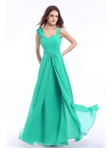 Turquoise Empire Straps Sleeveless Chiffon Floor Length Zipper Hand Made Flower Prom Dress