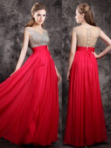 Classical Coral Red Cap Sleeves Chiffon Zipper Evening Dress for Prom
