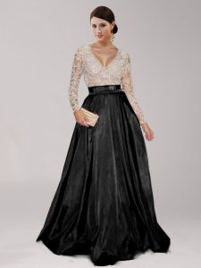 Empire Dress for Prom Black V-neck Taffeta Long Sleeves Floor Length Zipper