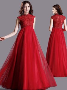 Perfect Lace Prom Gown Red Zipper Cap Sleeves Floor Length