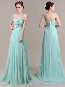 Super Apple Green Sleeveless With Train Beading and Hand Made Flower Zipper Prom Gown