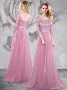 Top Selling Tulle Scoop Half Sleeves Brush Train Lace Up Lace and Ruching in Pink