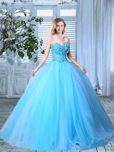 Elegant Baby Blue Lace Up Sweetheart Appliques Sweet 16 Dress Organza Sleeveless
