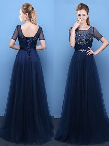 Scoop Short Sleeves Floor Length Beading Lace Up Homecoming Dress with Navy Blue