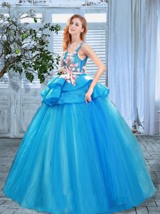 Scoop Floor Length Lace Up Quinceanera Gowns Blue for Prom with Appliques and Hand Made Flower