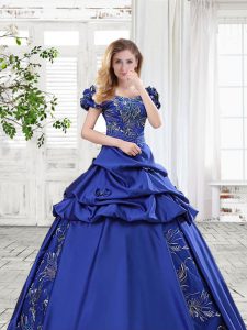 Pick Ups Floor Length Royal Blue 15 Quinceanera Dress Off The Shoulder Cap Sleeves Lace Up