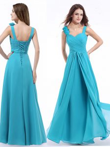 Pretty Straps Floor Length Aqua Blue Homecoming Dress Chiffon Sleeveless Ruching