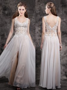 Straps Floor Length Champagne Prom Gown Chiffon Sleeveless Appliques