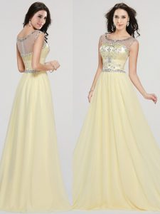 Admirable Scoop Light Yellow Zipper Prom Evening Gown Beading Sleeveless Floor Length