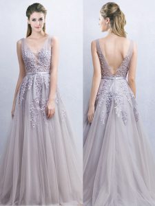 Grey V-neck Neckline Appliques and Belt Prom Evening Gown Sleeveless Backless