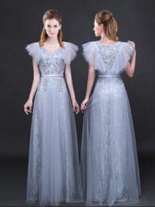 Lace Grey Short Sleeves Appliques and Belt Floor Length Prom Evening Gown