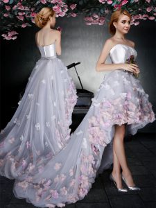 A-line Prom Party Dress Grey Strapless Tulle Sleeveless High Low Zipper