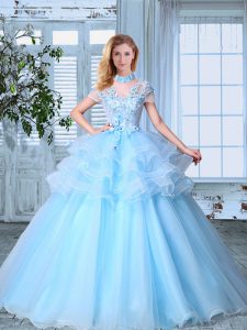 Ruffled SeeThrough Light Blue Short Sleeves Organza Lace Up Quinceanera Dresses for Prom and Party
