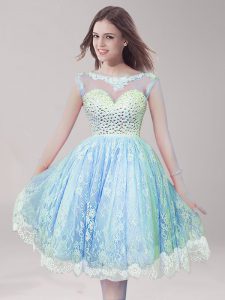 Pretty Scoop Light Blue Sleeveless Lace Backless Prom Dress for Prom and Party