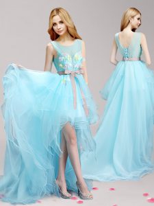 Scoop Aqua Blue Tulle Lace Up Dress for Prom Sleeveless High Low Appliques and Bowknot