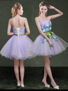 Latest Lavender Organza Lace Up Homecoming Dress Sleeveless Mini Length Appliques and Belt