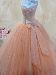 Charming Peach Lace Up Spaghetti Straps Beading and Bowknot Evening Dress Tulle Sleeveless