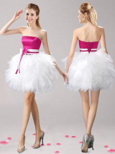Superior Pink And White Sleeveless Ruffles and Bowknot Mini Length Dress for Prom