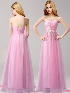 Empire Dress for Prom Rose Pink Sweetheart Tulle Sleeveless Floor Length Lace Up