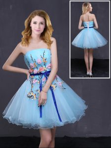 Graceful Baby Blue Strapless Neckline Appliques and Belt Homecoming Dress Sleeveless Lace Up