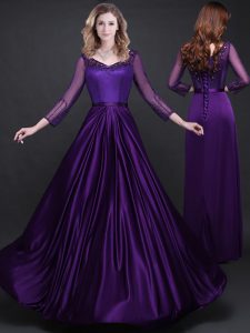 Dynamic Long Sleeves Lace Up Dress for Prom Purple Elastic Woven Satin