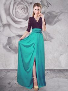 Elastic Woven Satin Half Sleeves Zipper Lace Prom Party Dress in Turquoise