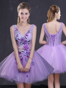 Lavender Organza Lace Up Homecoming Dress Sleeveless Mini Length Lace and Appliques