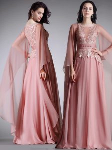 Pink Zipper Scoop Lace and Belt Prom Evening Gown Chiffon 3 4 Length Sleeve