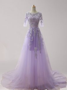 Admirable Scoop Half Sleeves Homecoming Dress With Brush Train Appliques Lavender Tulle