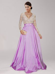 Floor Length Empire Long Sleeves Lilac Prom Gown Zipper
