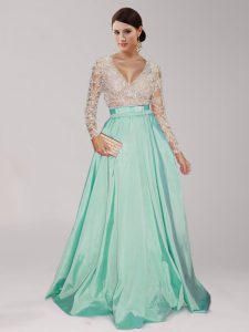 Beading and Belt Prom Gown Apple Green Zipper Long Sleeves Floor Length