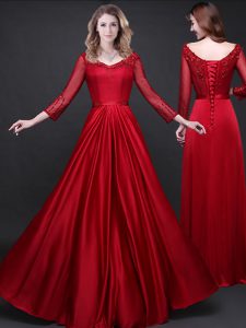 Gorgeous Long Sleeves Lace Up Floor Length Appliques and Belt Evening Dress