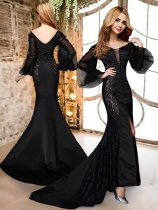 Popular Mermaid Long Sleeves Satin and Lace With Brush Train Zipper Prom Party Dress in Black with Lace