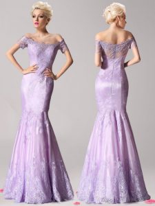 Custom Fit Mermaid Off The Shoulder Short Sleeves Evening Dress Floor Length Beading and Lace Lavender Lace