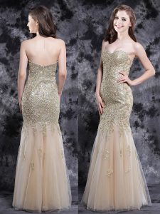 Top Selling Mermaid Sweetheart Sleeveless Evening Dress Floor Length Appliques Champagne Tulle