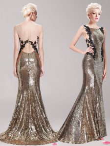 Unique Mermaid Square Sleeveless Sequined With Brush Train Clasp Handle Dress for Prom in Brown with Appliques and Sequi