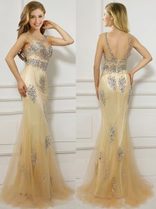 Mermaid Gold Scoop Backless Beading Prom Gown Brush Train Cap Sleeves