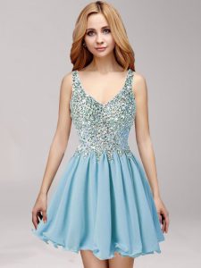 Stunning Light Blue Chiffon Side Zipper Straps Sleeveless Mini Length Prom Dress Beading and Ruching