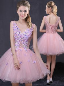 Glittering Pink Sleeveless Mini Length Hand Made Flower Lace Up Prom Dress