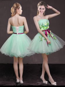 A-line Prom Evening Gown Apple Green Strapless Organza Sleeveless Mini Length Lace Up