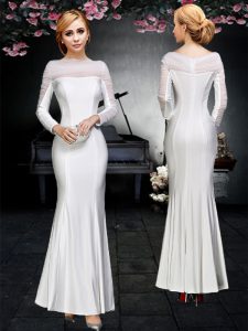 Designer White Column/Sheath Elastic Woven Satin Off The Shoulder Long Sleeves Ruching Floor Length Backless Dress for P