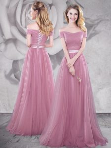 Amazing Off the Shoulder Pink Empire Ruching and Belt Prom Party Dress Lace Up Tulle Short Sleeves With Train