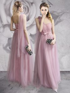 One Shoulder Sleeveless Lace Up Floor Length Ruching and Bowknot and Hand Made Flower Prom Dress