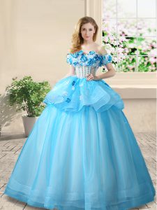 Off the Shoulder Floor Length A-line Sleeveless Baby Blue 15 Quinceanera Dress Lace Up