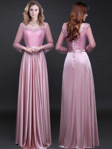 Ideal Floor Length Pink Prom Dresses Elastic Woven Satin Long Sleeves Appliques and Belt