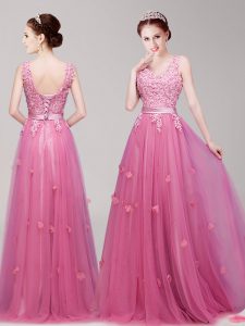 Floor Length Empire Sleeveless Pink Evening Dress Lace Up
