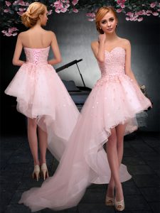 Sweetheart Sleeveless Homecoming Dress Asymmetrical Appliques Baby Pink Tulle