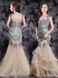 Traditional Mermaid Bateau Sleeveless Tulle Prom Gown Appliques and Ruffles Brush Train Zipper
