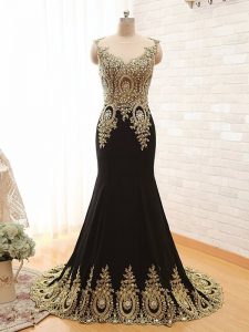 Flare Black Elastic Woven Satin Side Zipper Scoop Sleeveless With Train Prom Party Dress Brush Train Beading and Appliqu