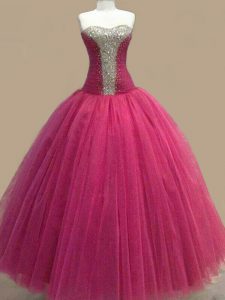 Exceptional Fuchsia Tulle Lace Up Sweetheart Sleeveless Floor Length Prom Party Dress Beading